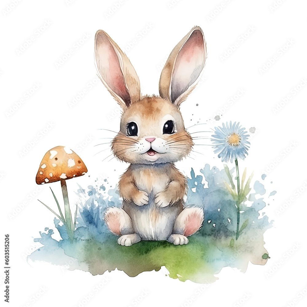 Cute watercolor bunny. Illustration AI Generative.