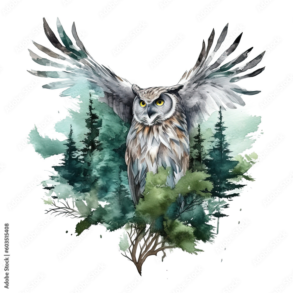 Green watercolor owl. Illustration AI Generative.