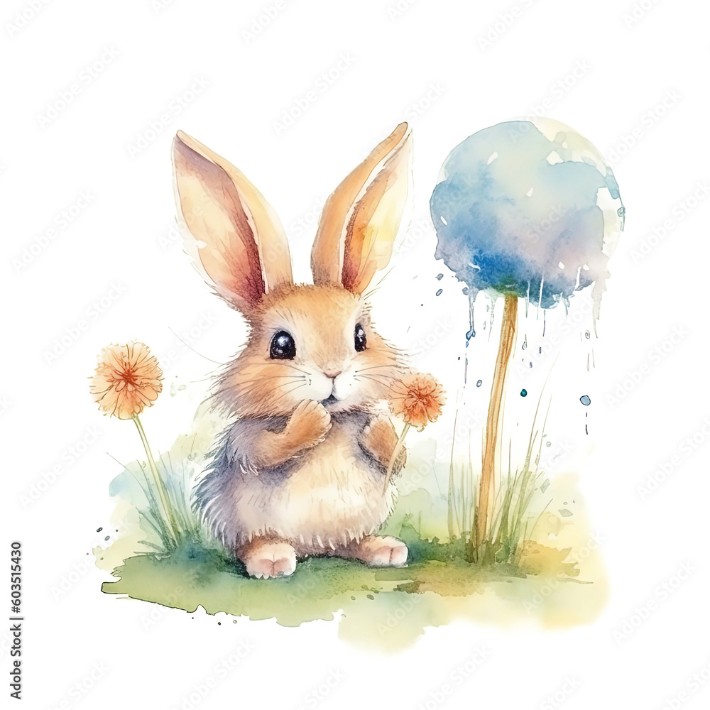 Cute watercolor bunny. Illustration AI Generative.