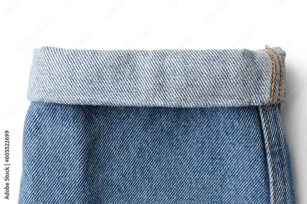 Stylish blue denim jeans on white background