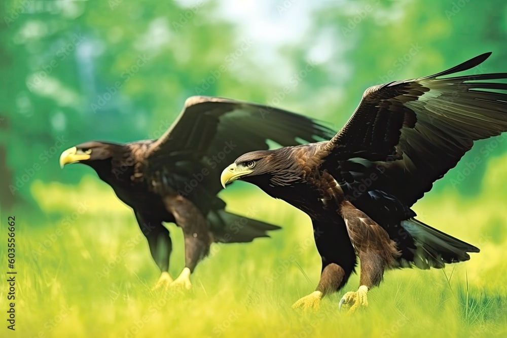 two birds perched on blades of grass Generative AI