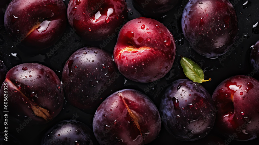 Fresh ripe plums with water drops background. Fruits backdrop. Generative AI