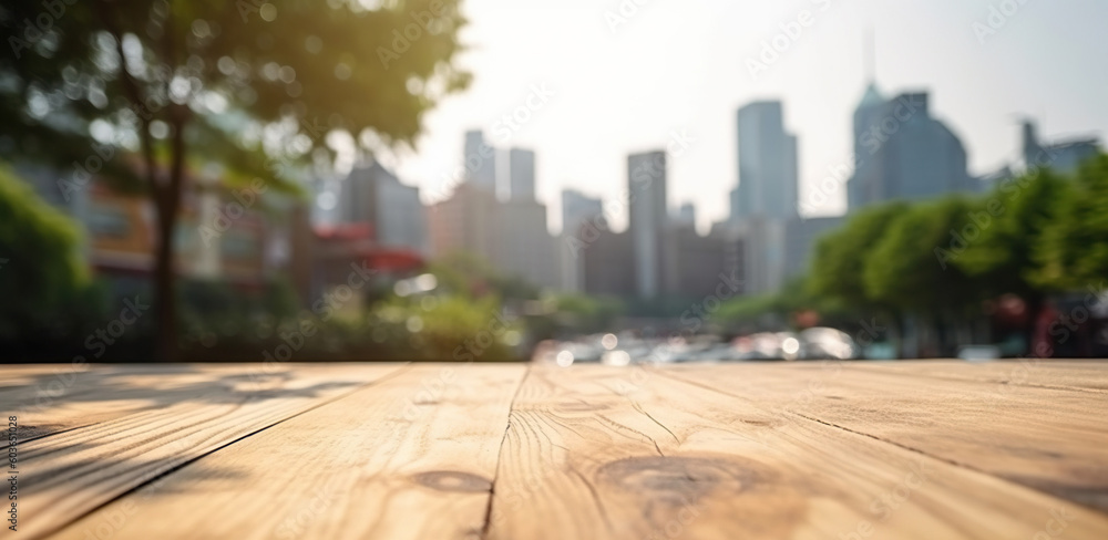 Wood table mockup with Tokyo city street in shallow depth of field. Copy space for product. Generati