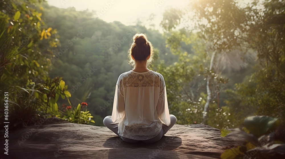 Serene individual practicing mindfulness meditation outdoors, surrounded by nature. Seen from the ba