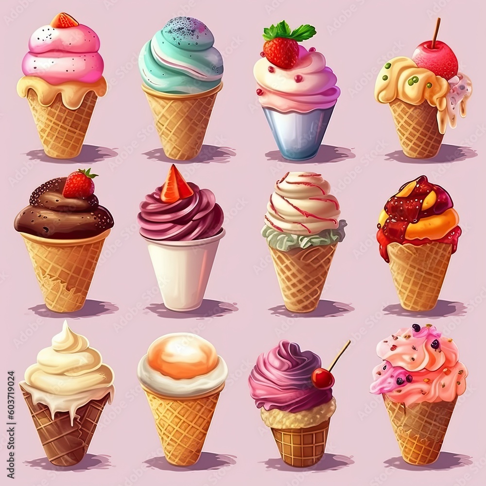 Set of different types of ice cream,Ice Cream cone,AI generated.