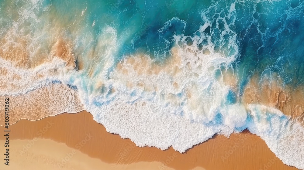 Clean ocean waves breaking on white sand beach Aerial view,AI generated.