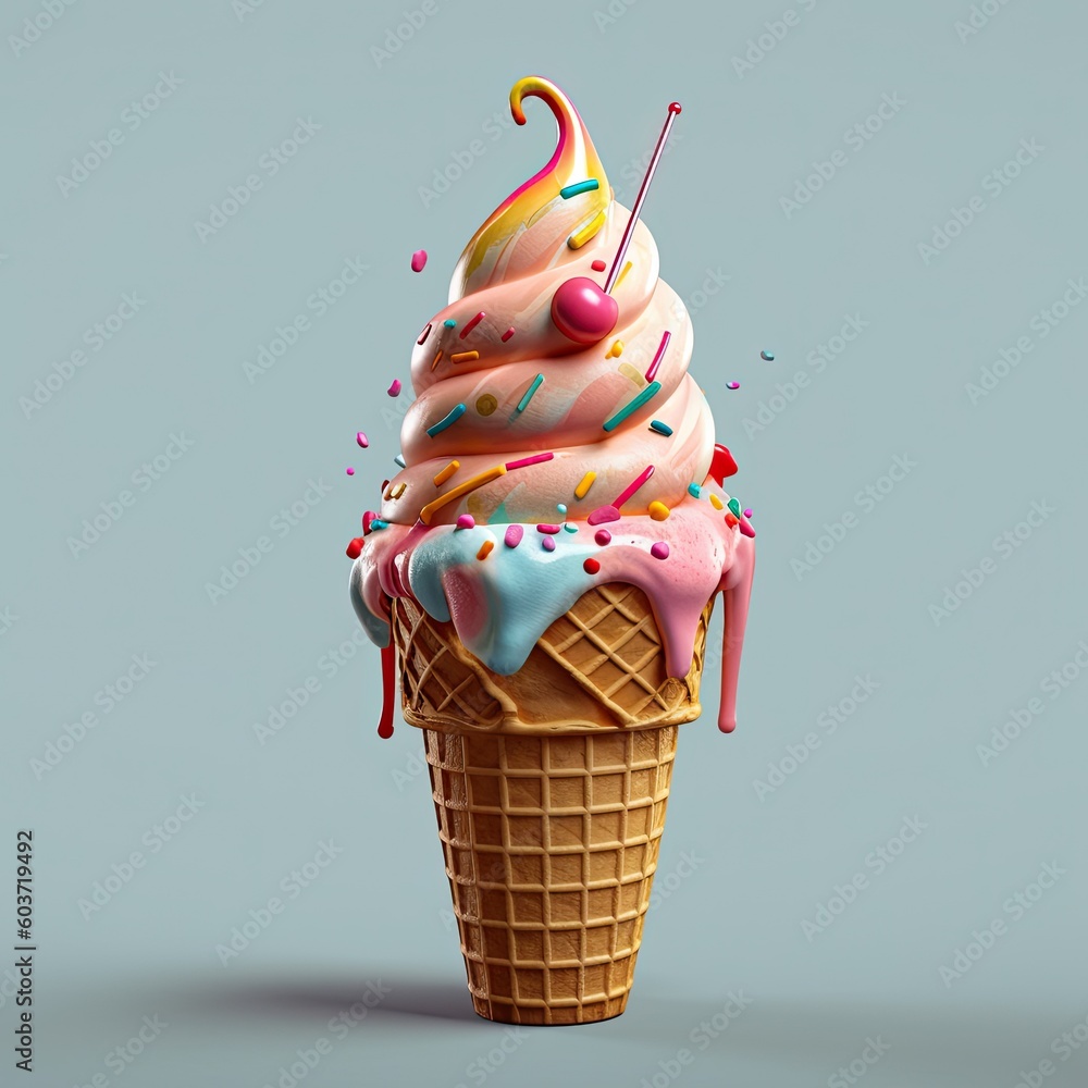 Fruit ice-cream in cone on color background,Ice cream cone,AI generated.