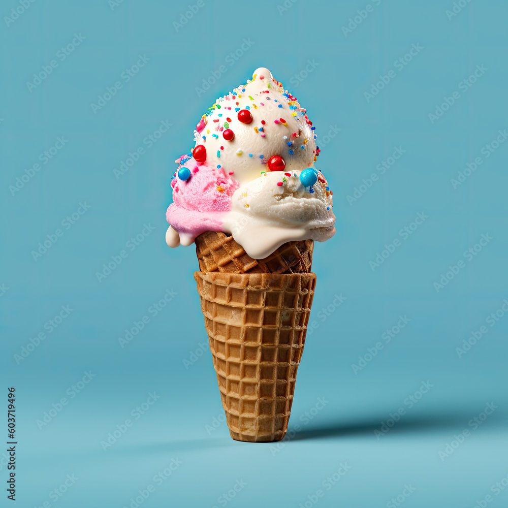 Vanilla ice cream in waffle cone,Bunch of ice cream on cone,AI generated.