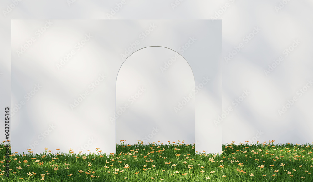 3D rendering grass field with abstract white arch wall background