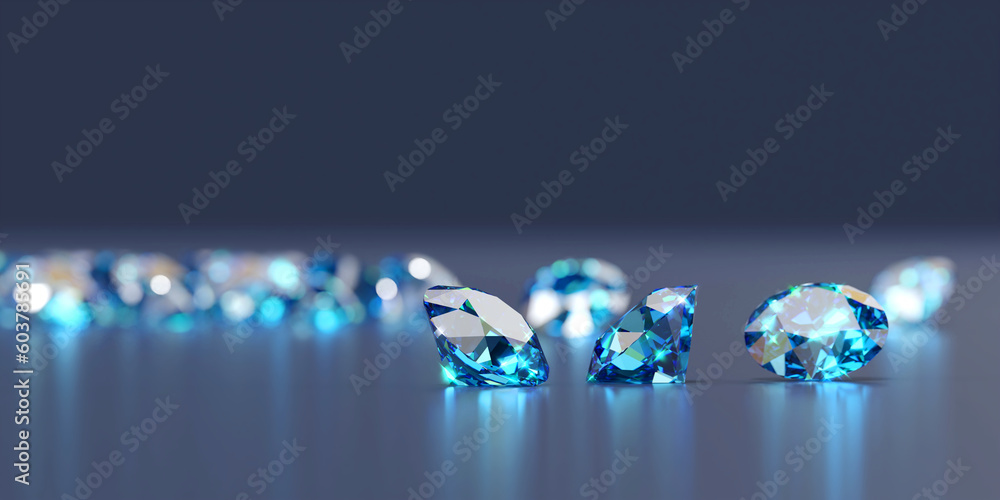 Group of Blue diamond sapphire placed on glossy background main object focus 3d rendering