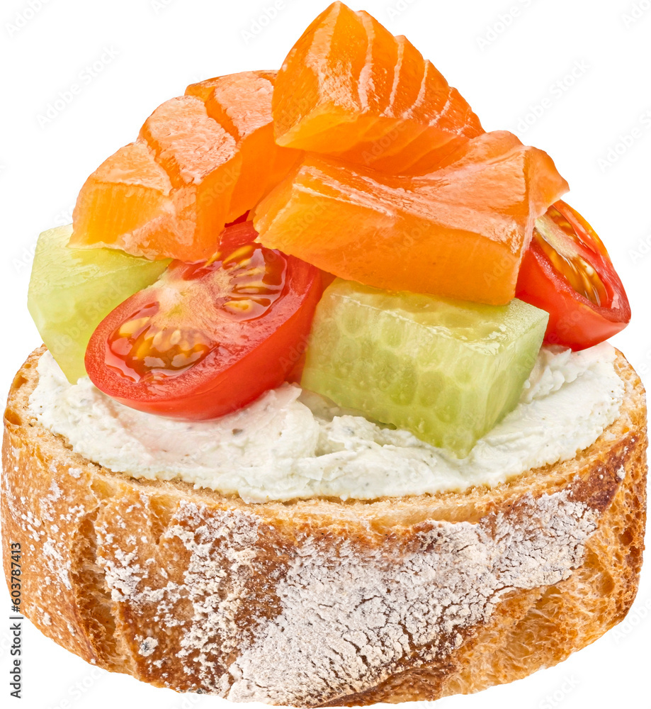 Open sandwich with smoked salmon, tomato and cucumber slices isolated