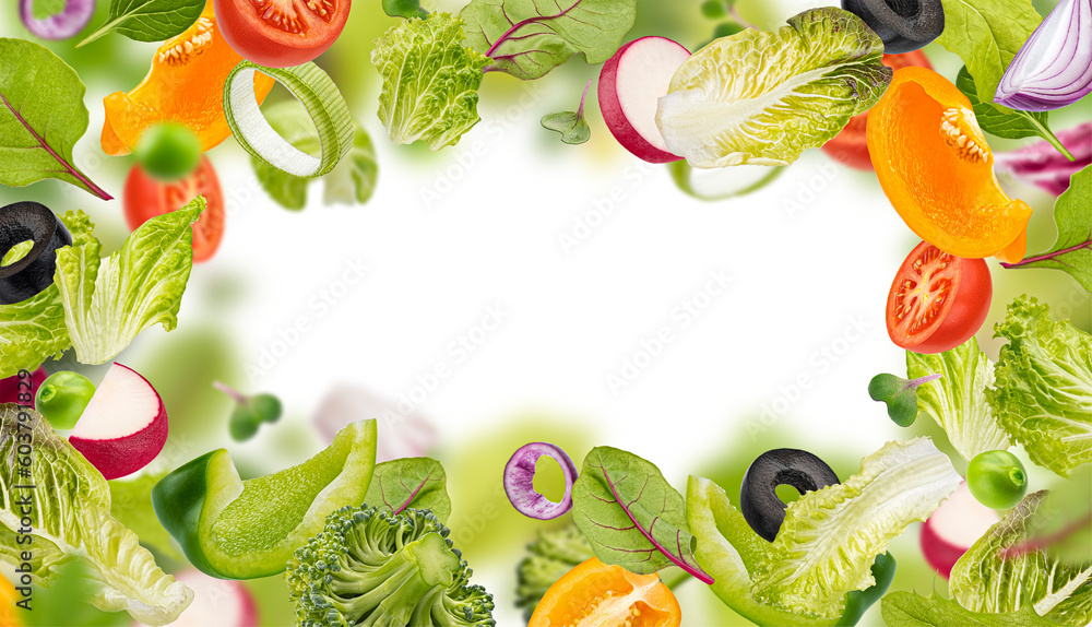 Healthy food ingredients frame, superfood, falling salad leaves and vegetable slices isolated with c