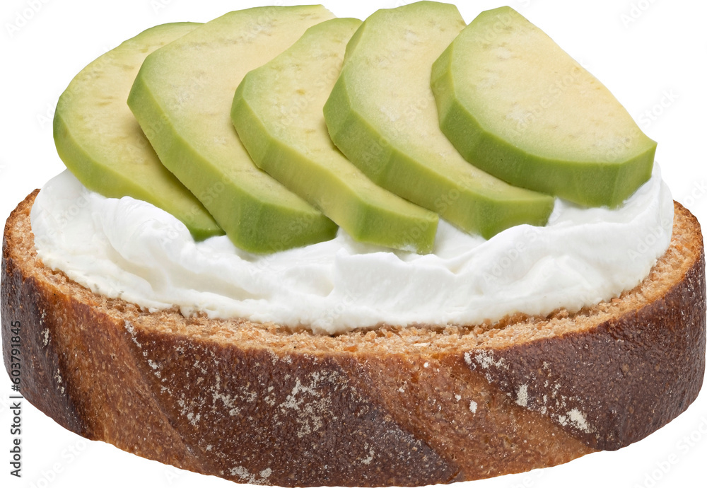 Wholegrain rye bread with cream cheese and avocado slices isolated on white background, full depth o