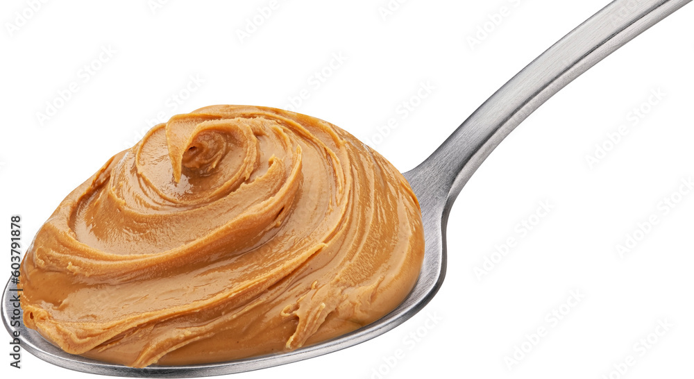 Caramel cream, boiled condensed milk swirl in spoon isolated