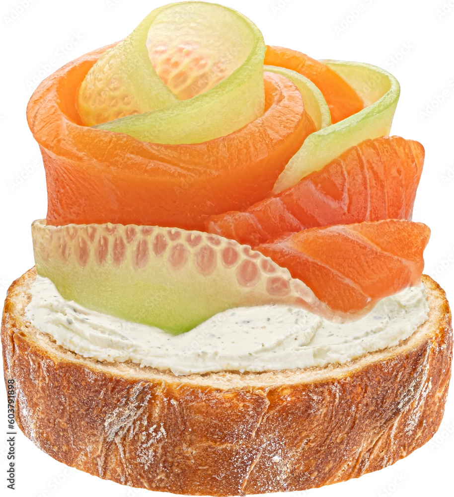 Bruschetta with smoked salmon, cucumber slices and cream cheese isolated