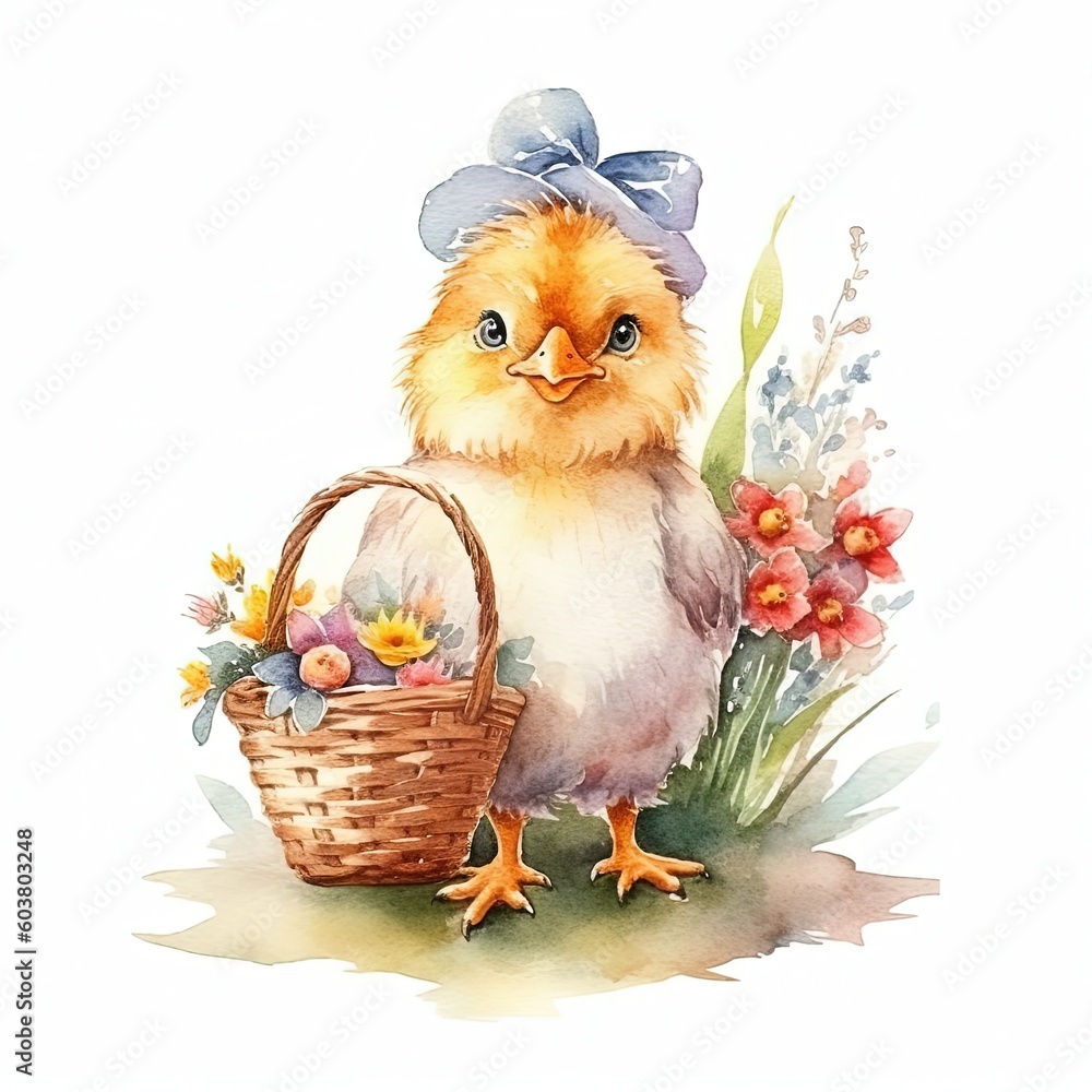 Watercolor chicken with eggs. Illustration AI Generative.