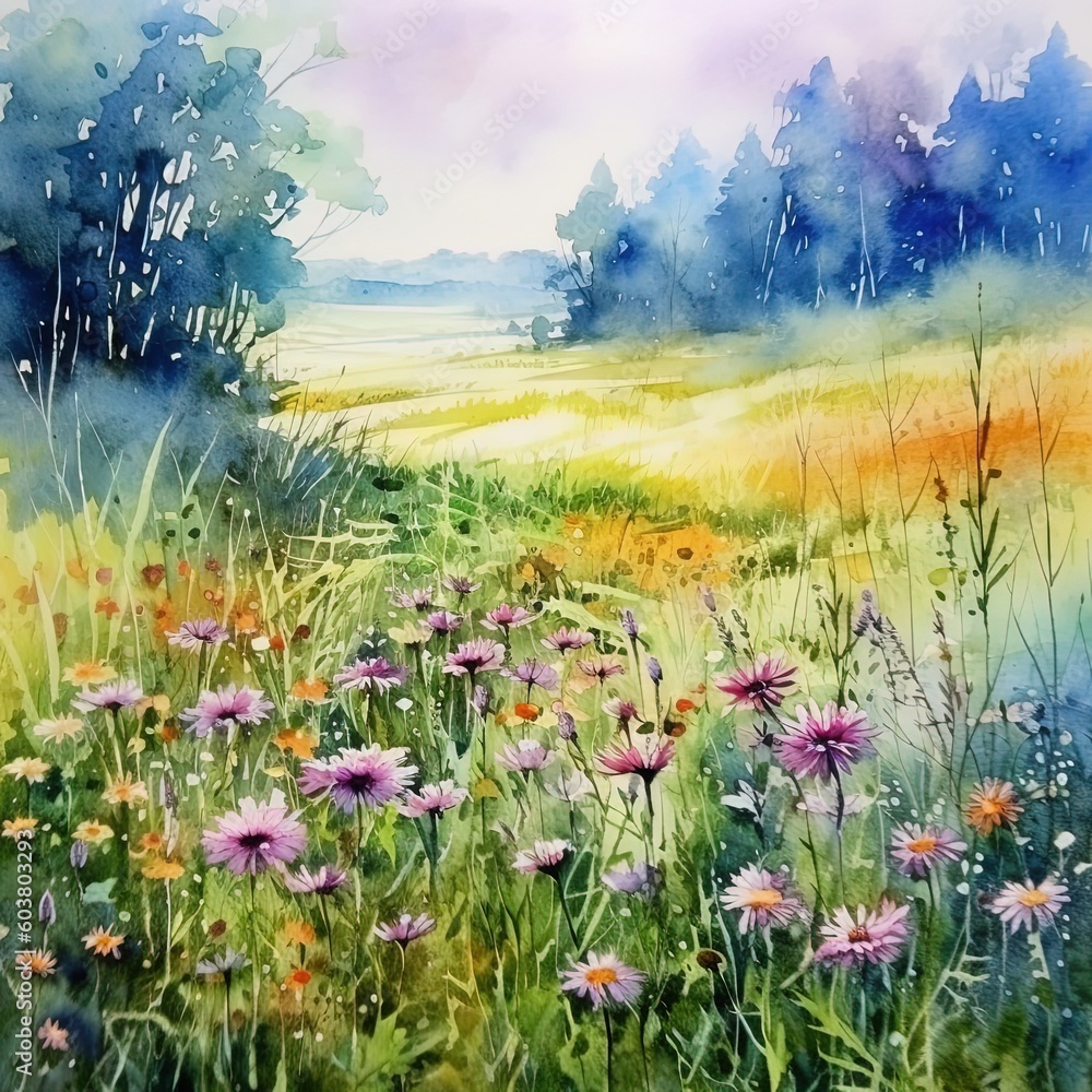 Summer meadow watercolor background. Illustration AI Generative.