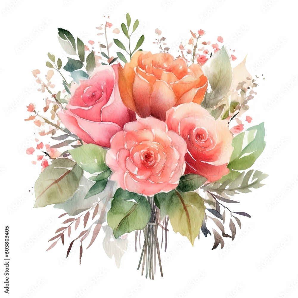 Rose watercolor bouquet. Illustration AI Generative