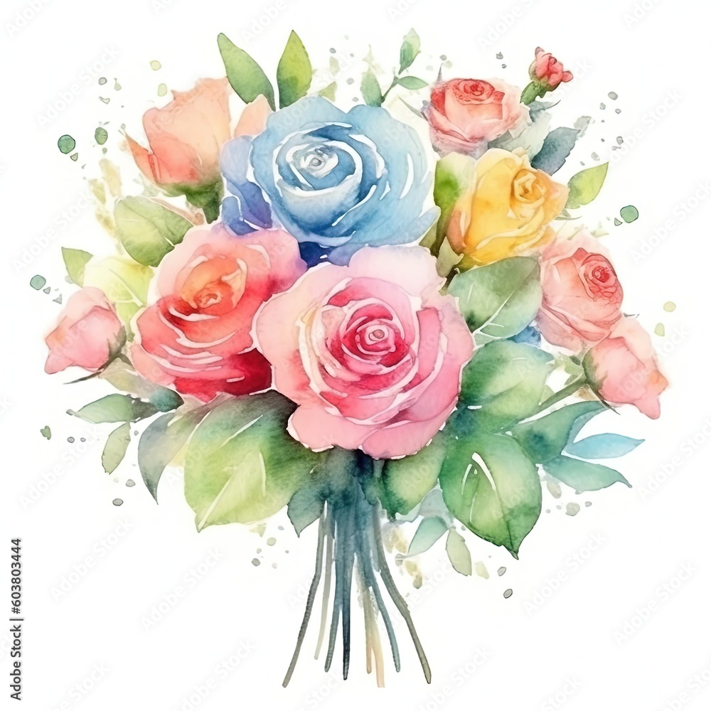 Rose watercolor bouquet. Illustration AI Generative