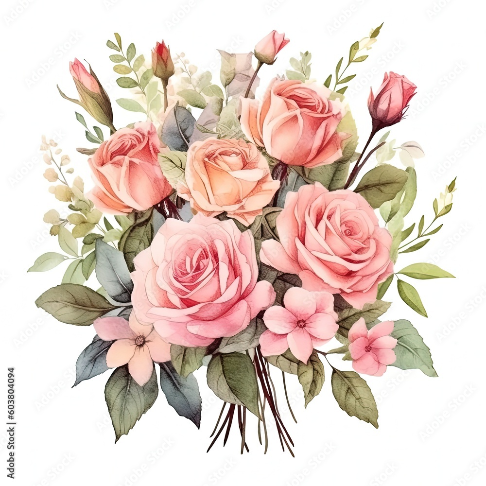 Rose watercolor bouquet. Illustration AI Generative