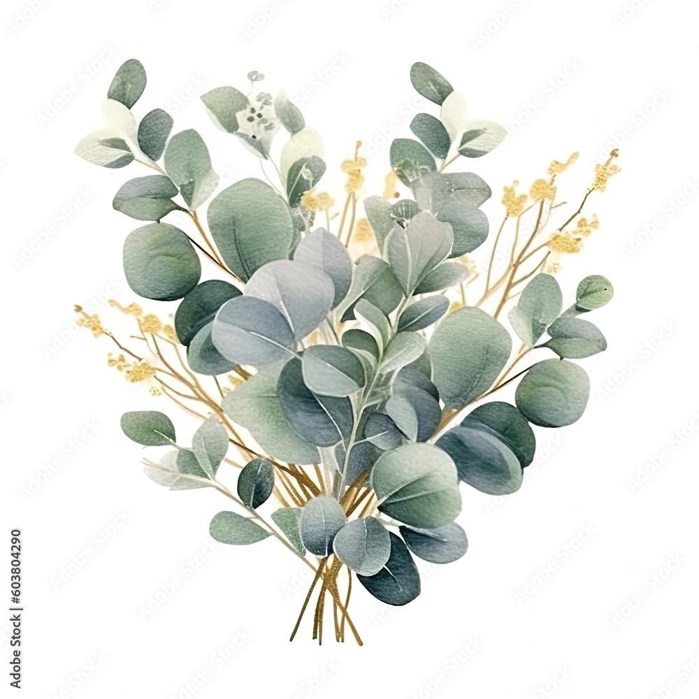 Watercolor green and golden eucalyptus leaves. Illustration AI Generative.