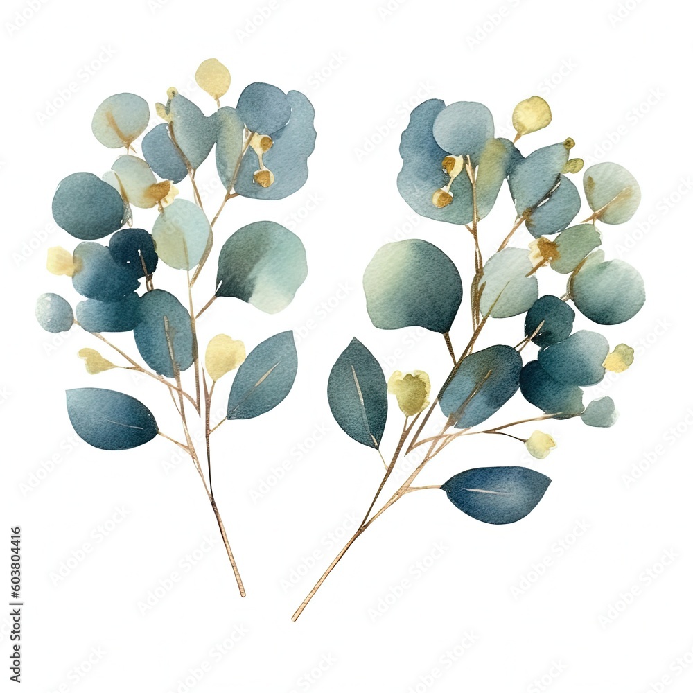 Watercolor green and golden eucalyptus leaves. Illustration AI Generative.