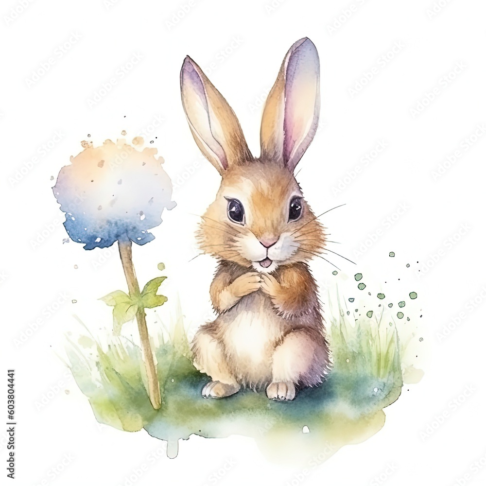 Cute watercolor bunny. Illustration AI Generative.