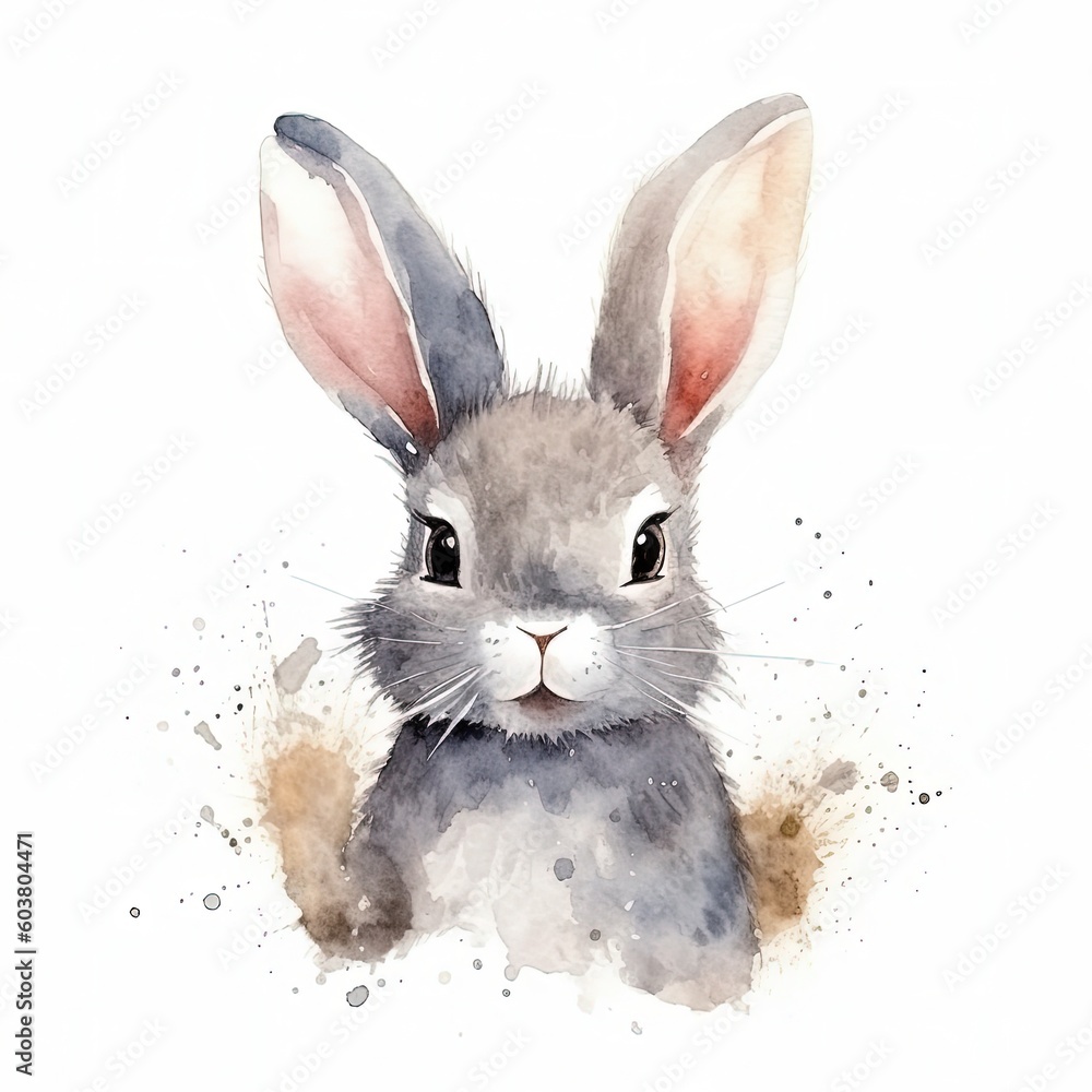 Cute watercolor gray bunny. Illustration AI Generative.