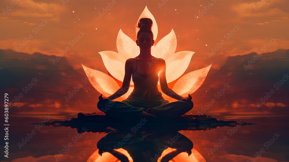 Female silhouette in the lotus pose, meditating within a surreal environment. Tranquility, mental ca