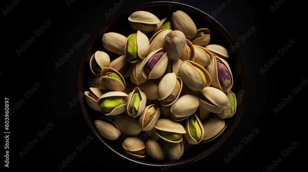 Pistachios in bowl on dark background. Nuts. Green fresh inshell pistachios. Generative AI