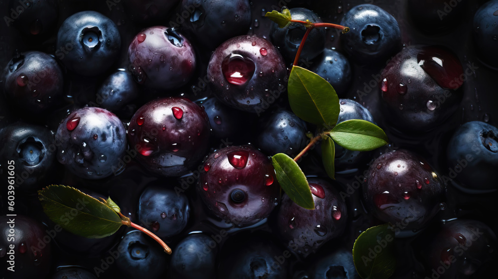 Fresh ripe huckleberry with water drops background. Berries backdrop. Generative AI