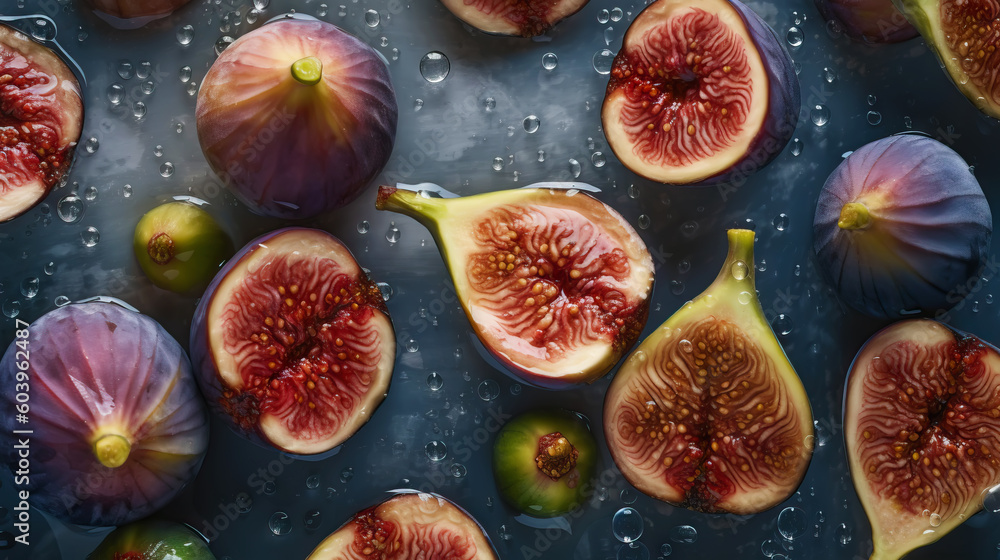 Fresh ripe figs with water drops background. Fruits backdrop. Generative AI