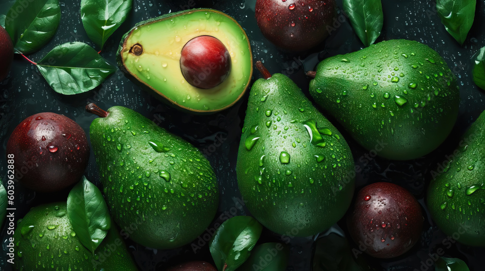 Fresh ripe avocados with water drops background. Fruits backdrop. Generative AI