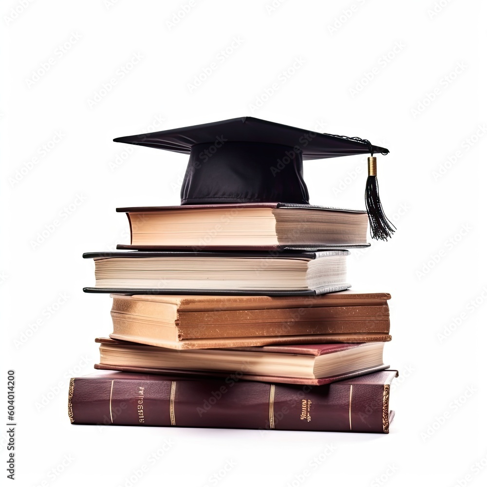 Stack of books and a hat of the graduate,Achievement in education,Education Concept,AI generated.