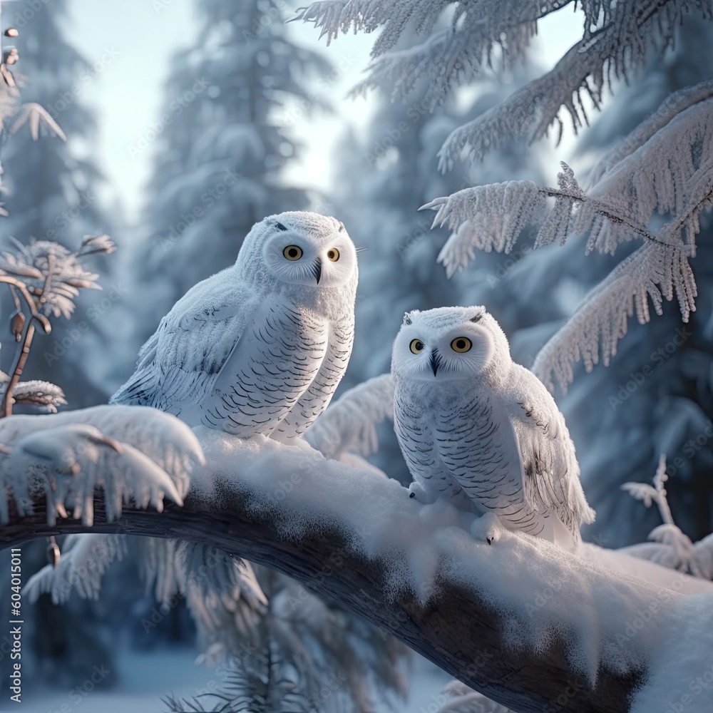 Owl in snow, Attractive winter scene with beautiful owl, AI generated.