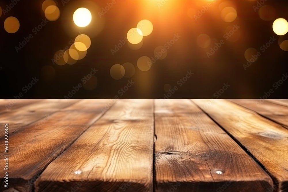 close-up view of a wooden table with warm ambient lights in the background Generative AI