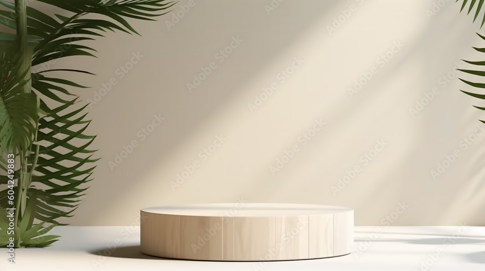 Minimal natural log wood podium table in sunlight. Generative AI