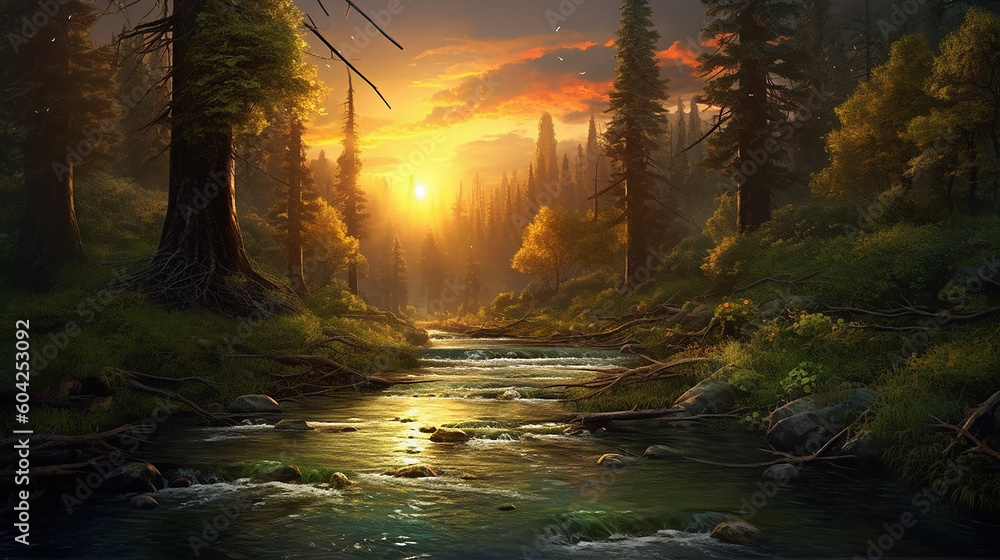 Green forest and forest stream at sunset. Generative AI