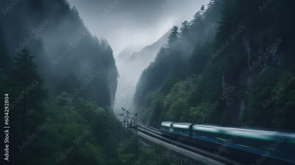 Speed passenger train moving in the mist mountains covered with forest. Generative AI