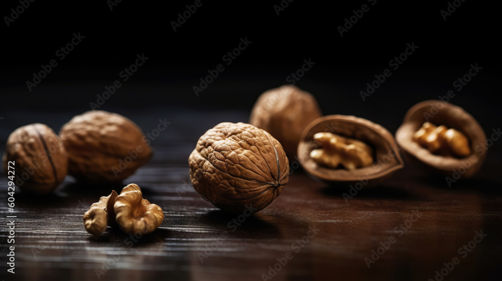 Walnuts with and without shells filling the view on dark background. Top view of fresh walnuts. Gene