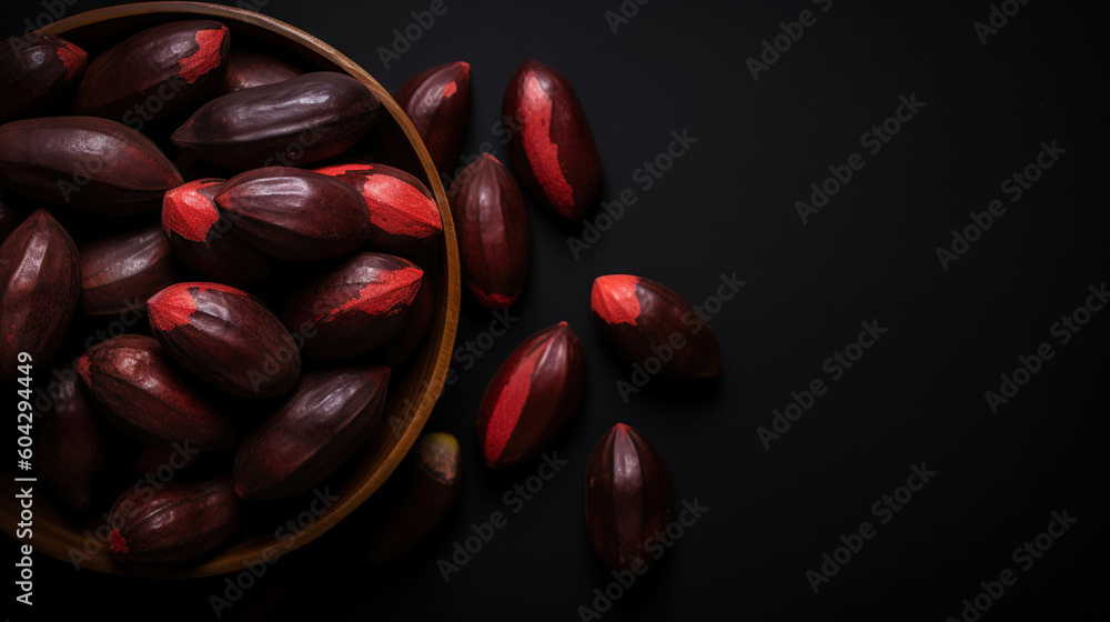 Dried Kola Nuts in a bowl on dark background. Food backdrop. Generative AI