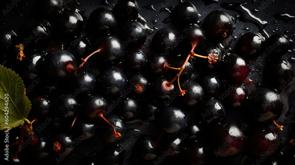 Fresh ripe blackcurrant with water drops background. Berries backdrop. Generative AI