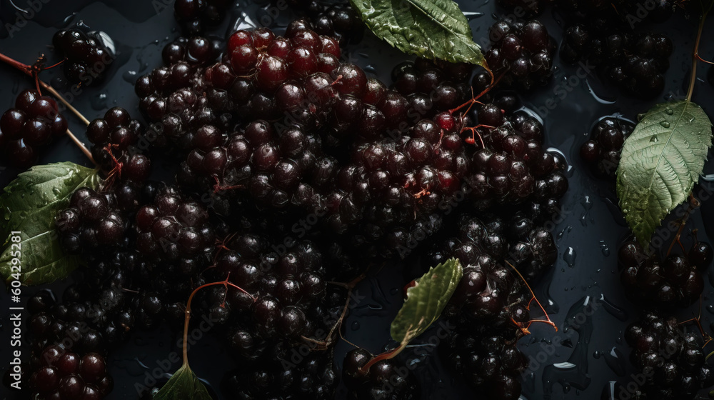 Fresh ripe elderberry with water drops background. Berries backdrop. Generative AI