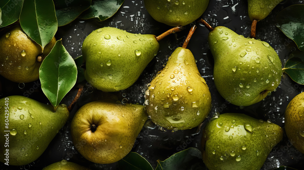 Fresh ripe pears with water drops background. Fruits backdrop. Generative AI