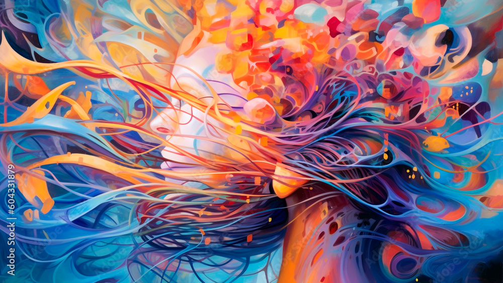 Abstract painting of a womans face with a colorful background. Generative AI.