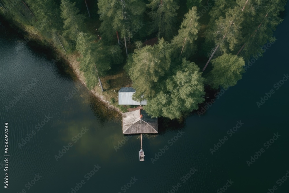 house situated by a serene lake as seen from above Generative AI