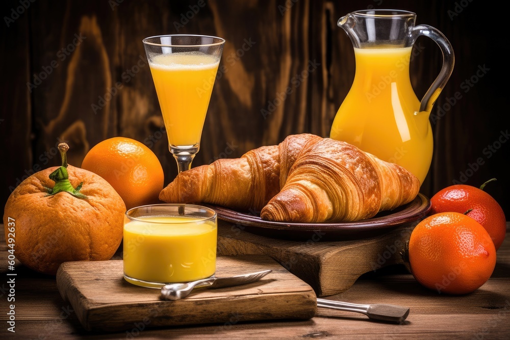 breakfast spread with croissants and orange juice Generative AI