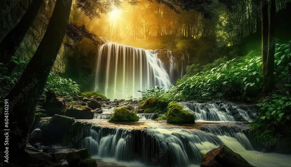 beautiful deep forest waterfall with sunset (ai generated)