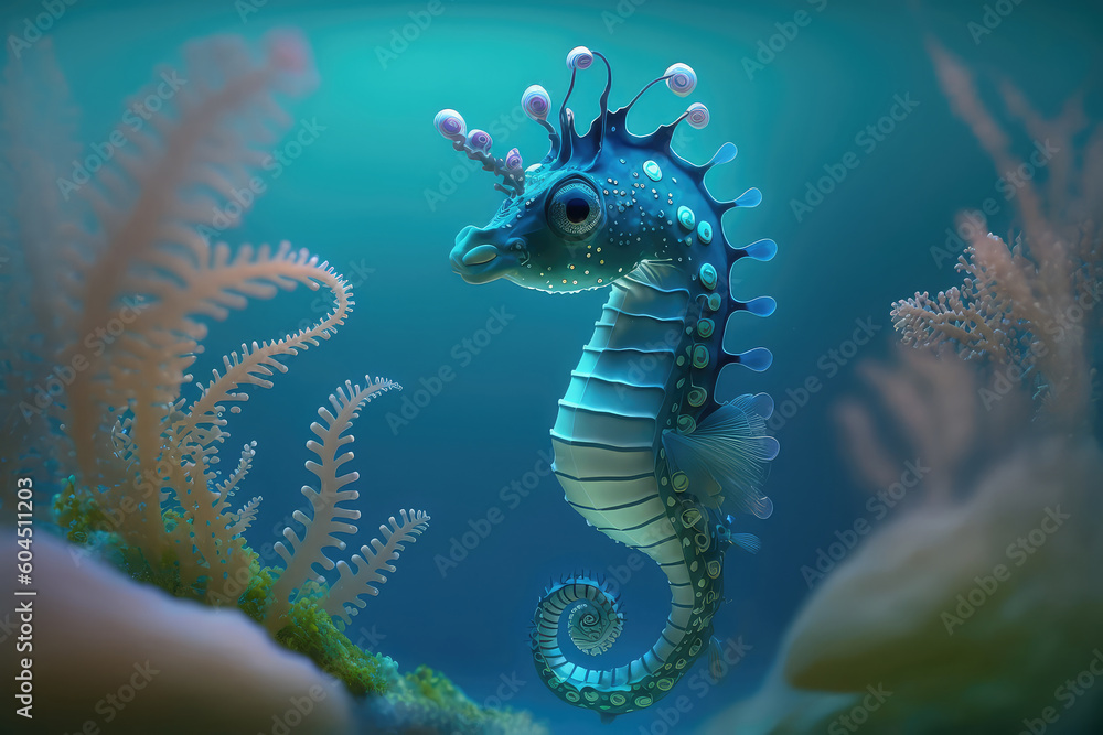 Image for 3d floor. Underwater world. Cute Seahorse. corals. (ai generated)