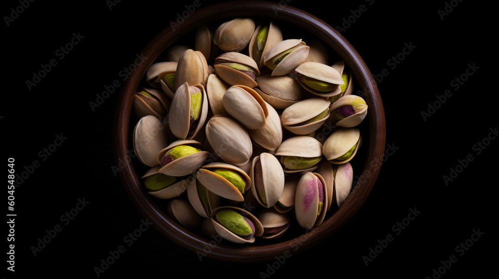 Pistachios in bowl on dark background. Nuts. Green fresh inshell pistachios. Generative AI